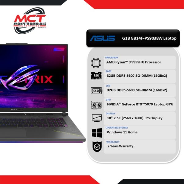 Asus ROG Strix G18 G814F-PS9038W 18'' 2.5K 240Hz Gaming Laptop Eclipse Gray (R9-9955HX, 32GB DDR5, 1TB SSD, RTX5070, W11, 2Y)