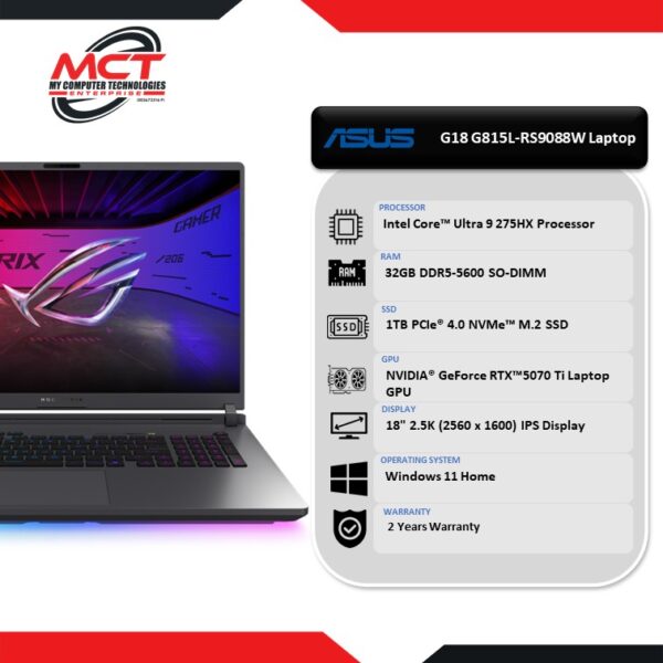 Asus ROG Strix G18 G815L-RS9088W 18'' 2.5K 240Hz Gaming Laptop Volt Green (CU9-275HX, 32GB DDR5, 1TB SSD, RTX5070Ti, W11, 2Y)