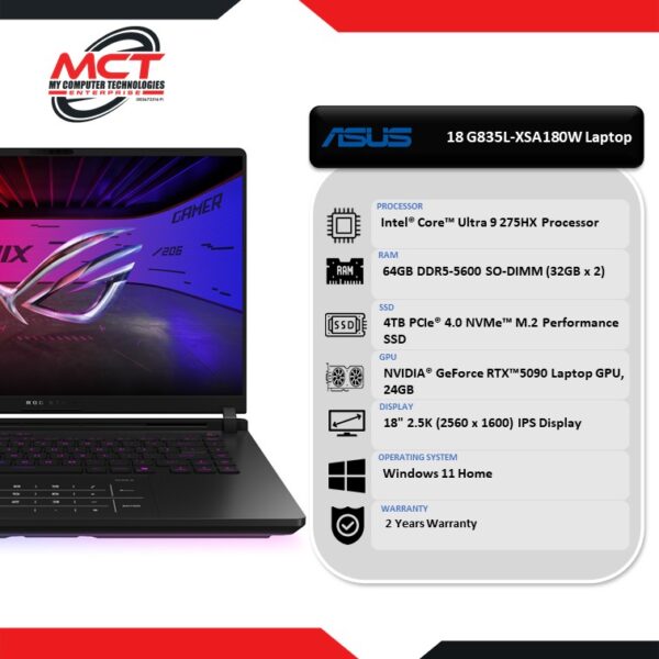 Asus ROG Strix SCAR 18 G835L-XSA180W 18'' 2.5K 240Hz Gaming Laptop Off Black (CU9-275HX, 64GB DDR5, 4TB, RTX5090 24GB, W11, 2Y)