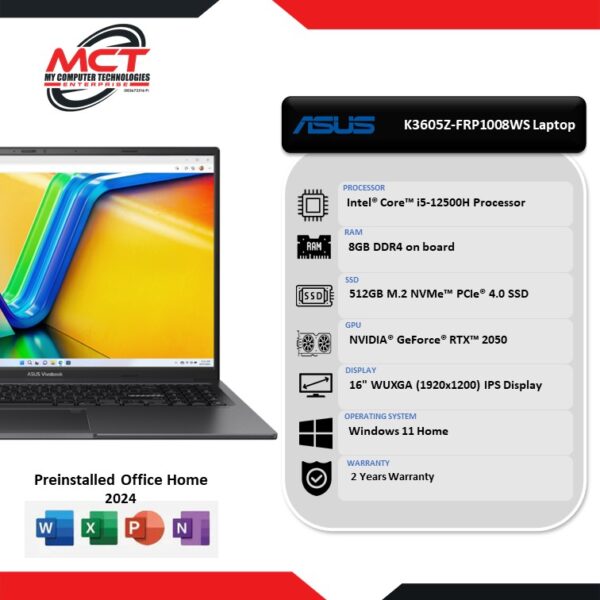 ASUS Vivobook 16X K3605Z-FRP1008WS 16" 144Hz Laptop Black (I5-12500H, 8GB DDR4, 512GB SSD, RTX2050, W11, HS+M365, 2Y)