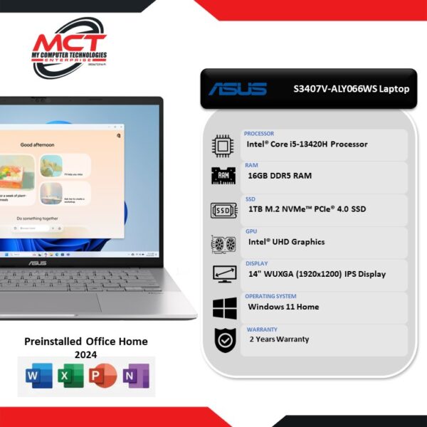 Asus Vivobook S14 S3407V-ALY066WS 14" WUXGA Cool Silver Laptop (I5-13420H, 16GB DDR5, 1TB SSD, Intel UHD, W11, HS+M365, 2Y)