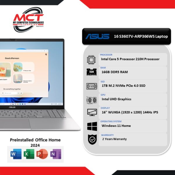 Asus VivoBook S 16 S3607V-ARP366WS 16" WUXGA Laptop (C5-210H, 16GB DDR5, 1TB SSD, Intel UHD, W11, 2Y)