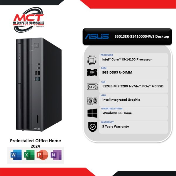 Asus S501SER-314100004WS SSF Desktop PC Dark Grey (i3-14100, 8GB DDR5, 512GB SSD, Intel, W11, HS+M365, 3Y)