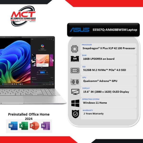 Asus VivoBook S 15 OLED S5507Q-AMA088WSM 15.6'' 3K Laptop Silver ( Snapdragon X Plus, 16GB LPDDR5X, 512GB SSD, Qualcomm, W11, HS+M365, 2Y)