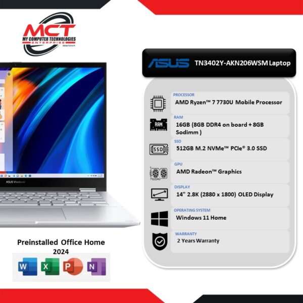 Asus Vivobook S 14 Flip OLED TN3402Y-AKN206WSM 14'' 2.8K Touch 2-in-1 Laptop Cool Silver (R7-7730U, 16GB DDR4, 512GB SSD, ATI, W11, HS+M365, 2Y)