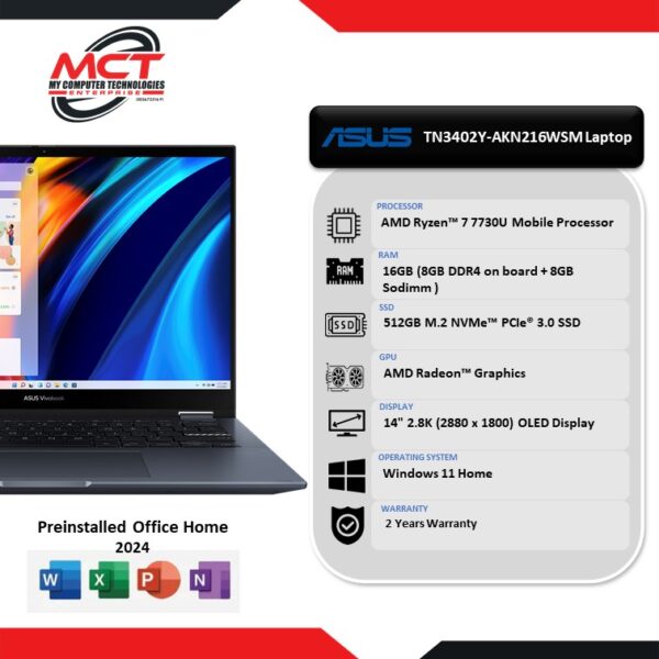 Asus Vivobook S 14 Flip OLED TN3402Y-AKN216WSM 14'' 2.8K Touch 2-in-1 Laptop Quiet Blue (R7-7730U, 16GB DDR4, 512GB SSD, ATI, W11, HS+M365, 2Y)