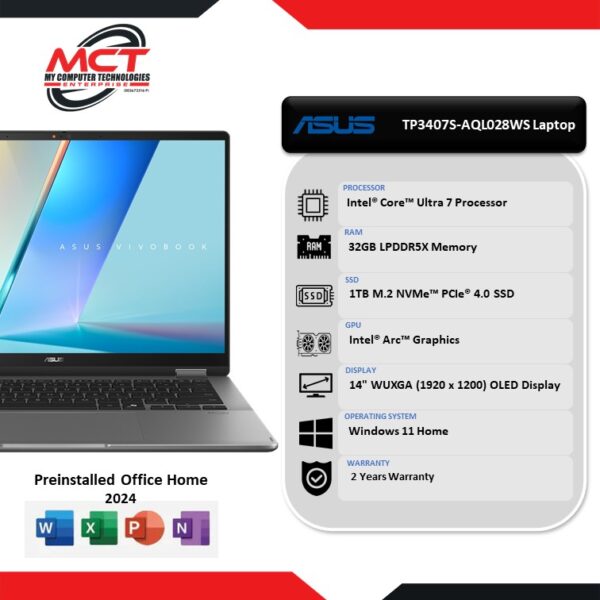Asus Vivobook 14 Flip TP3407S-AQL028WS 14" WUXGA OLED Touch Laptop (CU7-258V, 32GB LPDDR5X, 1TB, ARC, W11, HS+M365, 2Y)
