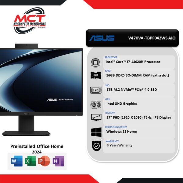Asus AIO V470VA-TBPF042WS 27" FHD All-In-One Desktop PC Black (I7-13620H, 16GB DDR5, 1TB SSD, Intel, W11, HS+M365, 3Y)
