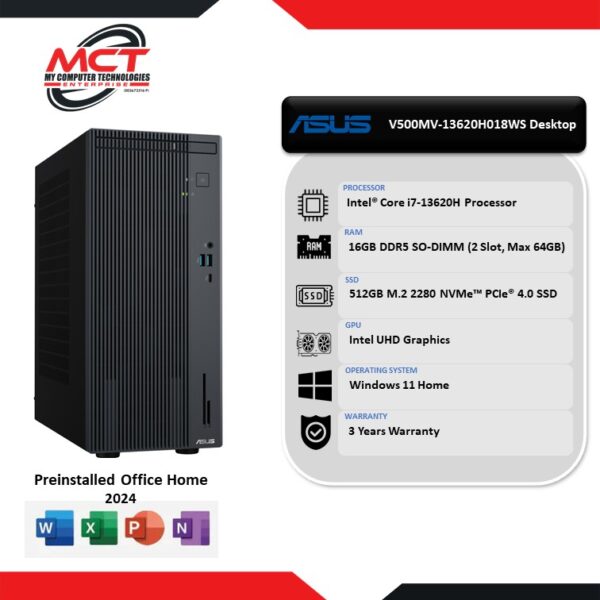 Asus V500MV-13620H018WS Mini Tower Desktop PC (I7-13620H, 16GB DDR5, 512GB SSD, Intel, W11, HS+M365, 3Y)