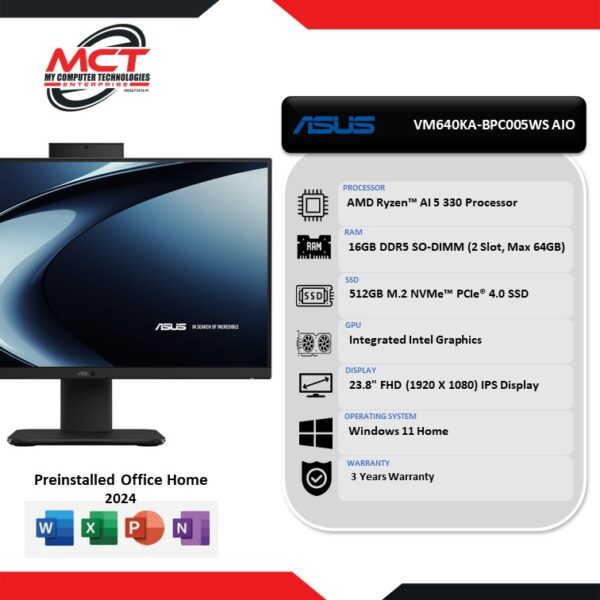 Asus AIO VM640KA-BPC005WS 23.8" FHD All-In-One Desktop PC Black (Ryzen AI 5 330, 16GB DDR5, 512GB SSD, ATI, W11, HS+M365, 3Y)