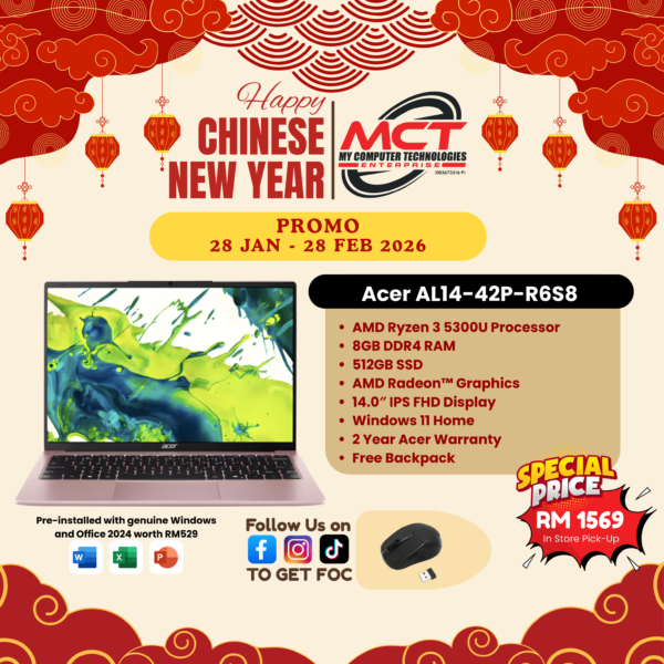 Acer Aspire Lite 14 AL14-42P-R6S8 14" IPS WUXGA Laptop Nude Pink (R3 5300U, 8GB DDR4, 512GB, AMD, W11, HS+M365, 2Y)