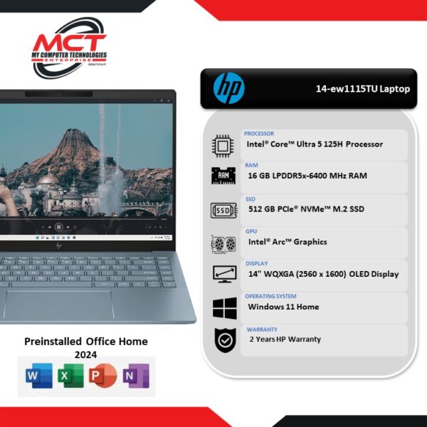 HP Pavilion Plus 14-ew1115TU 14" WQXGA OLED Laptop Moonlight Blue (CU5-125H, 16GB LPDDR5x, 512GB SSD, Intel Arc, W11, HS+M365, 2Y)