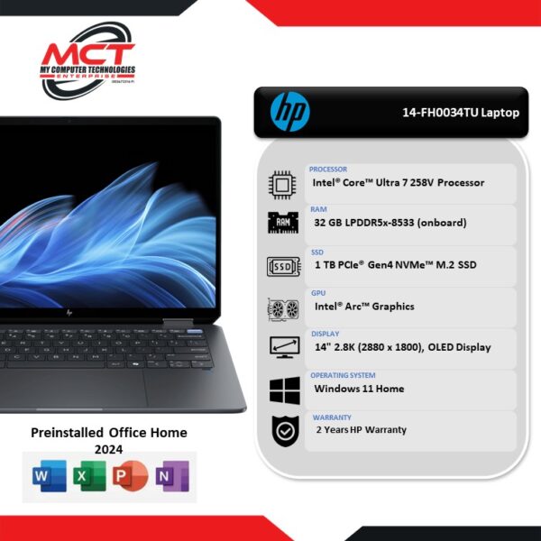 HP OmniBook Ultra Flip 14-FH0034TU 14" 2.8K Laptop (CU7-258V, 32GB LPDDR5x, 1TB SSD, Arc, W11, HS+M365, 2Y)