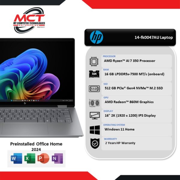 HP OmniBook X FlipNGAI 14-fk0047AU 14" 2K Touch Laptop Meteor Silver ( Ryzen™ AI 7 350, 16GB LPDDR5x, 512GB SSD, ATI, W11, HS+M365, 2Y)