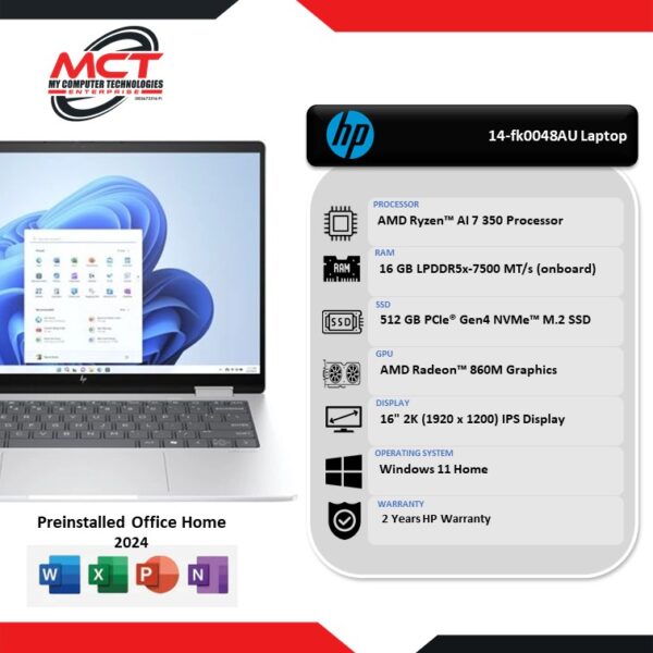 HP OmniBook X FlipNGAI 14-fk0048AU 14" 2K Touch Laptop Glacier Silver (Ryzen™ AI 7 350, 16GB LPDDR5x, 512GB SSD, ATI, W11, HS+M365, 2Y)