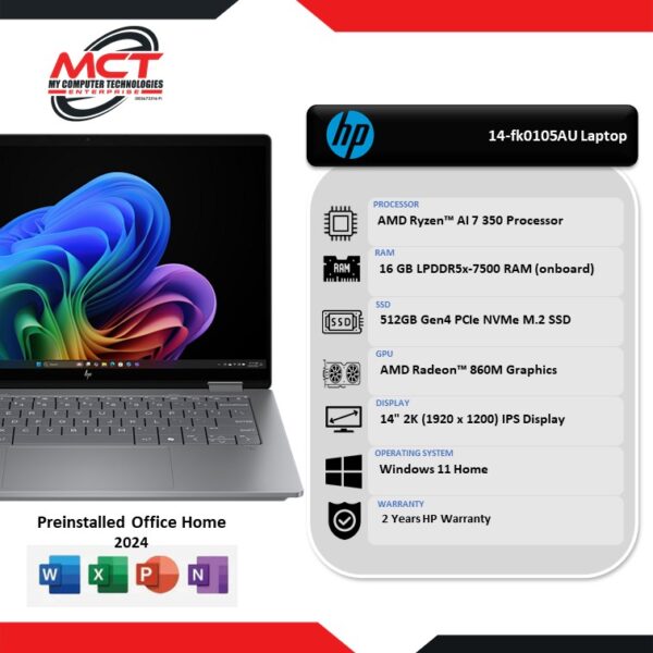 HP OmniBook X FlipNGAI 14-fk0105AU 14" 2K Touch 2-in-1 Laptop Meteor Silver (Ryzen AI 7 350, 16GB LPDDR5x, 512GB SSD, ATI, W11, HS+M365, 2Y)