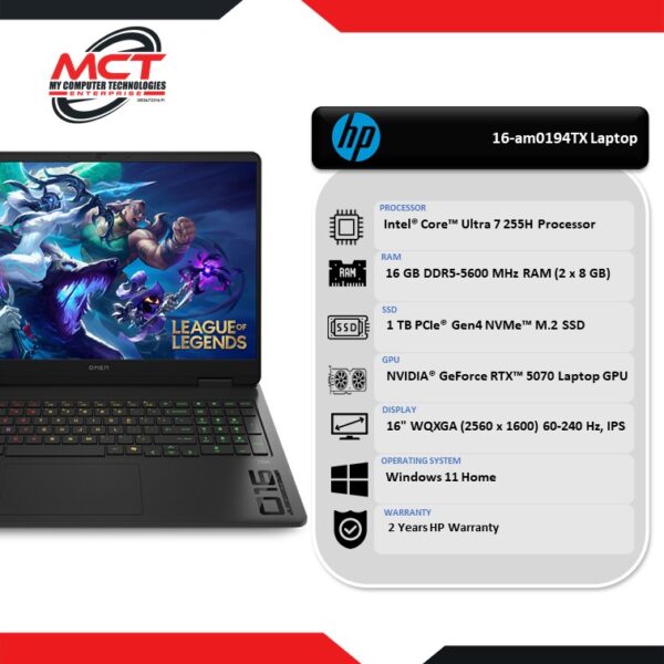 HP OMEN 16-am0194TX 16" WQXGA 240Hz Gaming Laptop Shadow Black (CU7-255H, 16GB DDR5, 1TB SSD, RTX™ 5070, W11, 2Y)