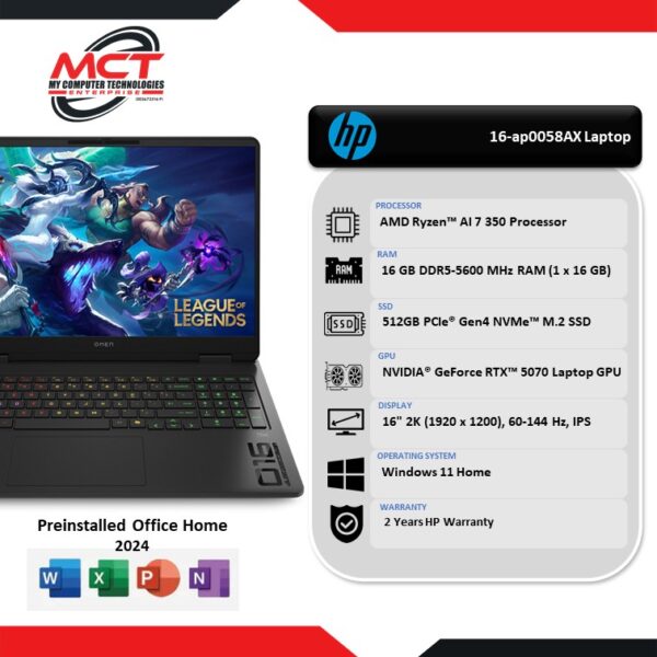 HP OMEN 16-ap0058AX 16" 2K 144Hz Gaming Laptop Shadow Black (Ryzen AI 7 350, 16GB DDR5, 512GB SSD, W11, RTX5070, HS+M365, 2Y)