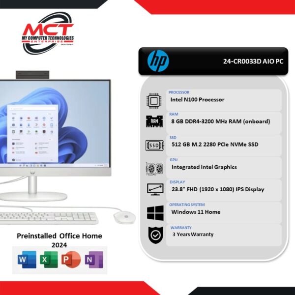 HP 24-CR0033D 23.8" FHD AIO Desktop PC (N100, 8GB DDR4, 512GB SSD, Intel, HS, W11, 3Y)