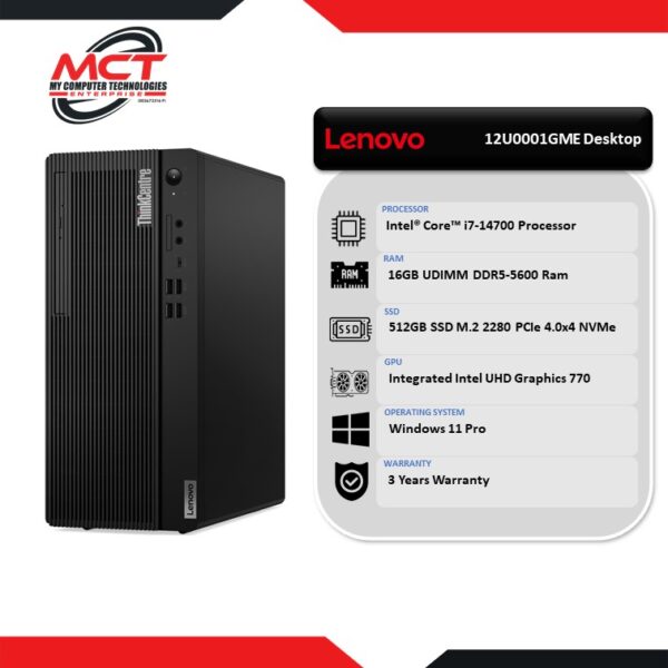 Lenovo ThinkCentre M70t 12U0001GME Tower Desktop PC Black (i7-14700, 16GB DDR5, 512GB SSD, Intel, W11P, 3Y)