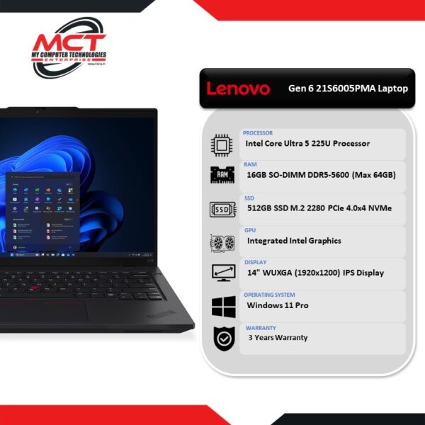 Lenovo ThinkPad L14 Gen 6 21S6005PMA 14'' WUXGA Laptop Black (CU5-225U, 16GB DDR5, 512GB SSD, Intel, W11P, 3Y)