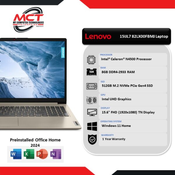 Lenovo IdeaPad 1 15IJL7 82LX00FBMJ 15.6" FHD Laptop Sand (Celeron N4500 ,8GB DDR4, 512GB SSD, Intel, W11, H&S & M365, 1Y)