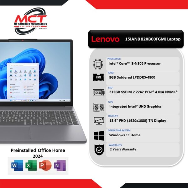 Lenovo IdeaPad Slim 3 15IAN8 82XB00FGMJ 15.6'' FHD Laptop Arctic Grey (I3-N305, 8GB LPDDR5, 512GB SSD, Intel, W11, HS+M365, 2Y)