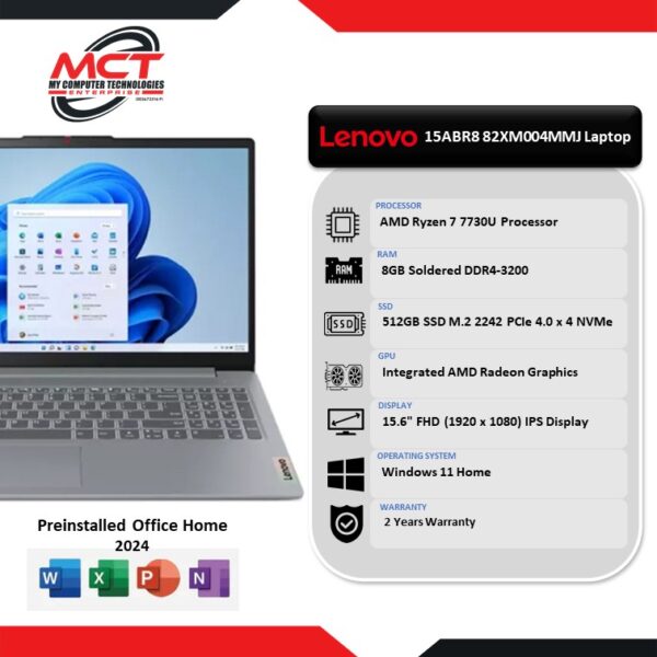 Lenovo IdeaPad Slim 3 15ABR8 82XM004MMJ 15.6" FHD Laptop Grey (R7-7730U , 8GB DDR4, 512GB SSD, ATI, W11, 2Y)