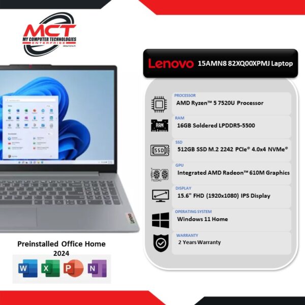 Lenovo IdeaPad Slim 3 15AMN8 82XQ00XPMJ 15.6'' FHD Laptop Arctic Grey (R5-7520U, 16GB LPDDR5, 512GB SSD, ATI, W11, HS+M365, 2Y)