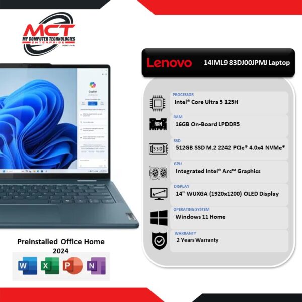 Lenovo Yoga 7 14IML9 83DJ00JPMJ 14" WUXGA OLED 2-in-1 Touch Laptop Tidal Teal (CU5-125H, 16GB LPDDR5, 512GB SSD, Intel Arc, H&S, W11, 2Y)