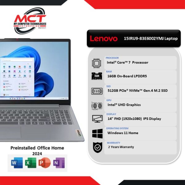 Lenovo Ideapad Slim 3 15IRU9-83E6002YMJ 14" WUXGA Laptop (C7-150U, 16GB LPDDR5, 512GB SSD, Intel® UHD, W11, HS, 2Y)