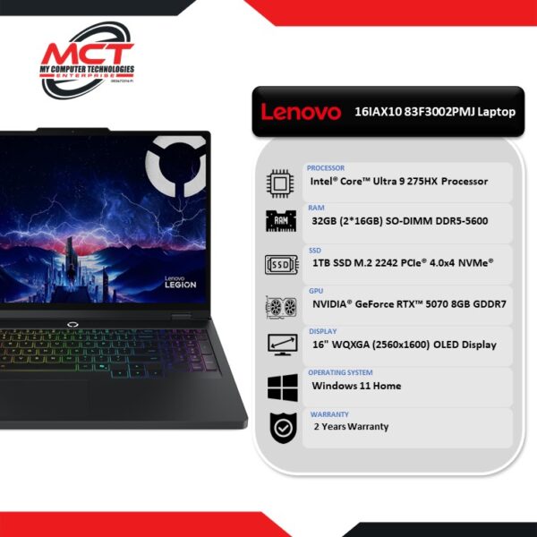 Lenovo Legion Pro 5 16IAX10 83F3002PMJ 16" WQXGA 165Hz Gaming Laptop Eclipse Black (CU9-275HX, 32GB DDR5, 1TB SSD, RTX5070, W11, 2Y)
