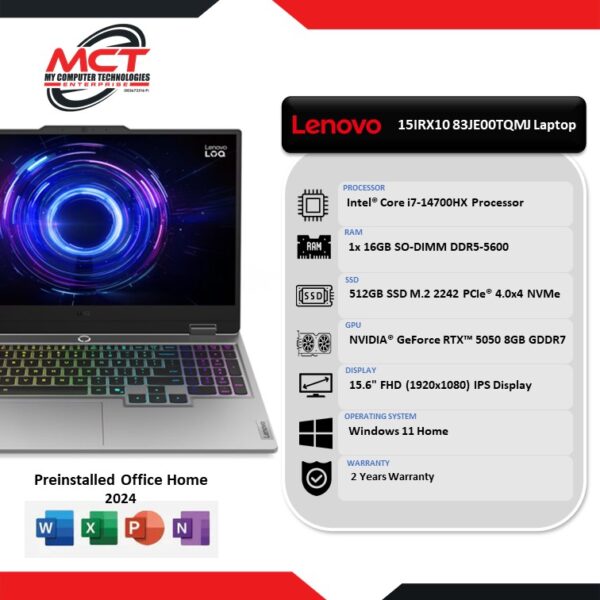 Lenovo LOQ 15IRX10 83JE00TQMJ 15.6'' FHD 144Hz Gaming Laptop Luna Grey (i7-14700HX, 16GB DDR5, 512GB SSD, RTX™ 5050, W11, HS, 2Y)
