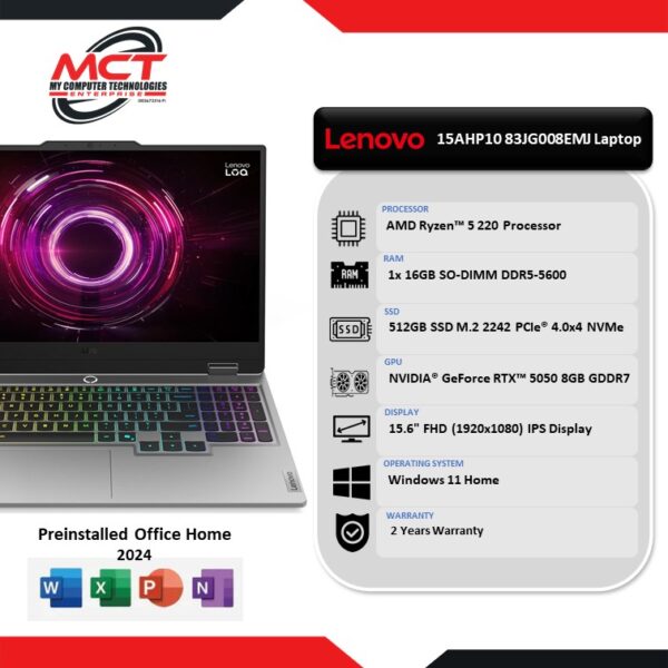 Lenovo LOQ 15AHP10 83JG008EMJ 15.6'' FHD 144Hz Gaming Laptop Luna Grey (R5-220, 16GB DDR5,512GB SSD, RTX5050, W11, HS, 2Y)