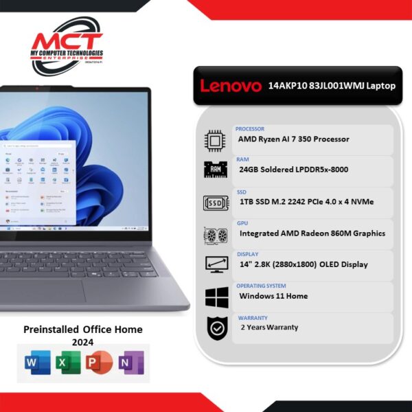 Lenovo IdeaPad Pro 5 14AKP10 83JL001WMJ Laptop Grey (AI 7 350, 24GB LPDDR5x, 1TB SSD, ATI, W11, HS, 2Y)