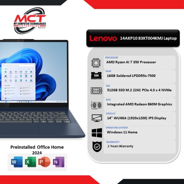 Lenovo IdeaPad 5 14AKP10 83KT004KMJ 14" WUXGA 2-In-1 Laptop (AI 7 350, 12GB LPDDR5x, 512GB SSD, ATI, W11, HS, 2Y)