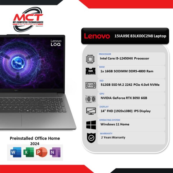 Lenovo LOQ 15IAX9E 83LK00C2MJ 15.6'' FHD 144Hz Gaming Laptop Luna Grey (i5-12450HX, 16GB DDR5, 512GB, RTX3050 6GB, W11, HS+M365, 2Y)