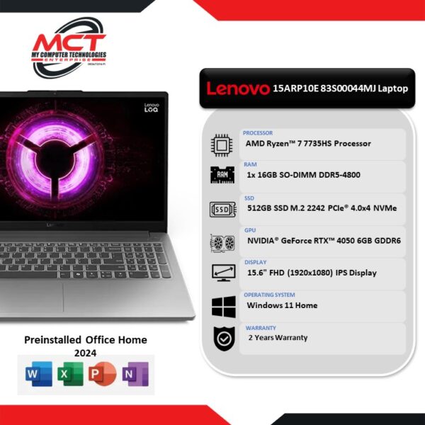 Lenovo LOQ 15ARP10E 83S00044MJ 15.6'' FHD 144Hz Gaming Laptop Luna Grey (R7-7735HS, 16GB DDR5, 512GB SSD, RTX4050 6GB, W11, HS, 2Y)