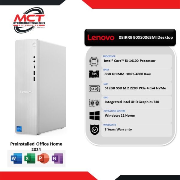 Lenovo IdeaCentre Tower 08IRR9 90XS0063MI Desktop PC Grey (I3-14100, 8GB, 512GB SSD, Intel, W11, HS+M365, 3Y)