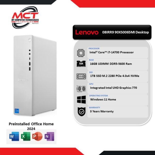 Lenovo IdeaCentre Tower 08IRR9 90XS0065MI Desktop PC Grey (I7-14700, 16GB DDR5, 1TB SSD, Intel, W11, HS+M365, 3Y)