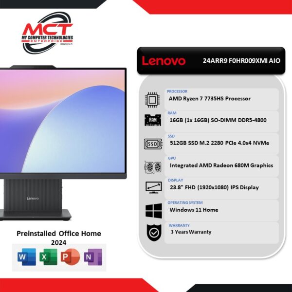Lenovo IdeaCentre AIO 24ARR9 F0HR009XMI 23.8'' FHD Touch All-in-One Desktop PC Luna Grey (R7-7735HS, 16GB DDR5, 512GB SSD, ATI, W11, HS+M365, 3Y)