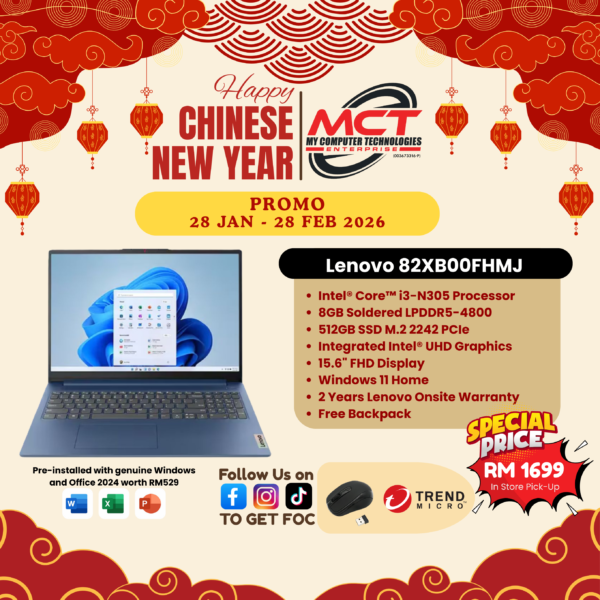 LENOVO IdeaPad Slim 3 15IAN8 82XB00FHMJ 15.6" Laptop Blue (i3-N305, 8GB LPDDR5, 512GB SSD, Intel UHD, Win11H, HNS21, 2Y)