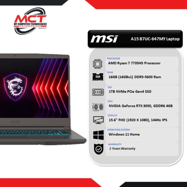 MSI Thin A15 B7UC-647MY 15.6'' FHD Gaming Laptop Cosmos Gray (R7-7735HS, 16GB DDR5, 1TB SSD, RTX3050 4GB, W11, 2Y)
