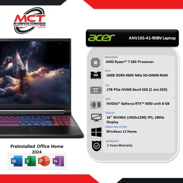 Acer Nitro V16s AI ANV16S-41-R0BV 16" WUXGA 180Hz Laptop (R7-260, 16GB DDR5, 1TB SSD, RTX? 5050, W11, HS, 2Y)