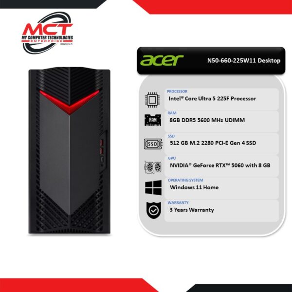 Acer Nitro N50-660-225W11 Gaming Desktop PC (CU5-225F, 8GB DDR5, 512GB SSD, RTX5060 8GB, W11, 3Y)
