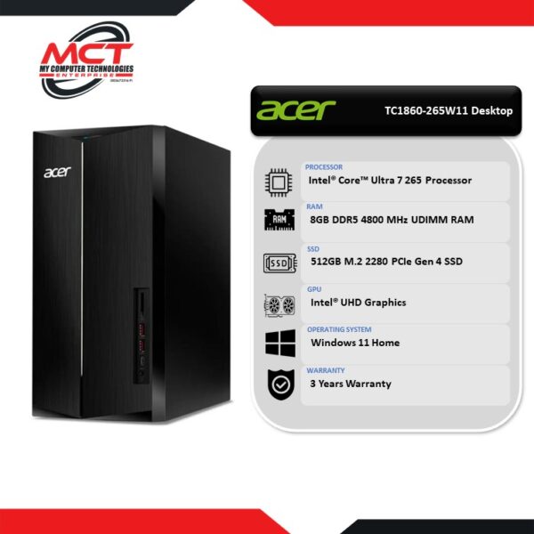 Acer Aspire TC1860-265W11 Desktop PC Black (CU7-265, 8GB DDR5, 512GB SSD, Intel, W11, 3Y)