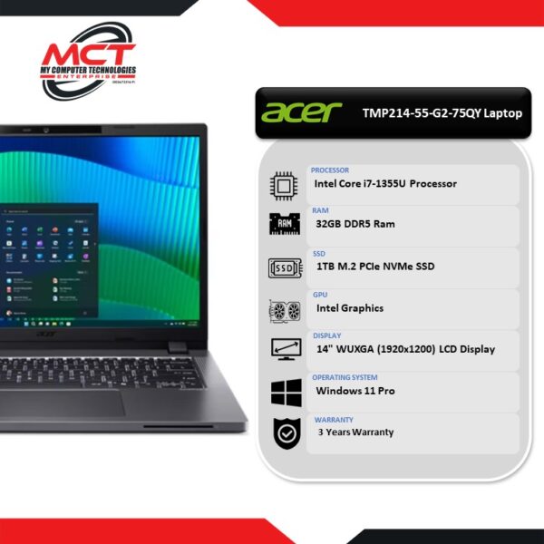 Acer TravelMate TMP214-55-G2-75QY 14'' WUXGA Laptop Grey (i7-1355U, 32GB DDR5, 1TB SSD, Intel, W11P, 3Y)