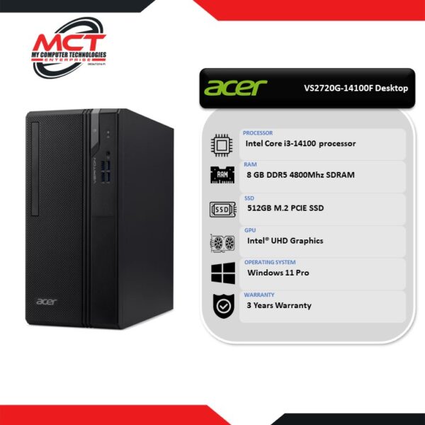 Acer Veriton 2000 VS2720G-14100F Desktop PC (I3-14100 , 8GB DDR5, 512GB SSD, Intel UHD, W11P, 3Y)