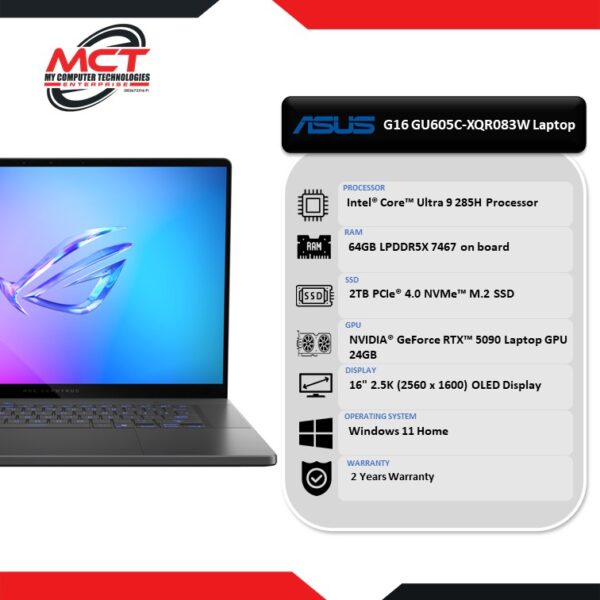 Asus ROG Zephyrus G16 GU605C-XQR083W 16'' 2.5K 240Hz Gaming Laptop Slash Lighting (CU9-285H, 64GB LPDDR5X, 2TB SSD, RTX5090 24GB, W11, 2Y)