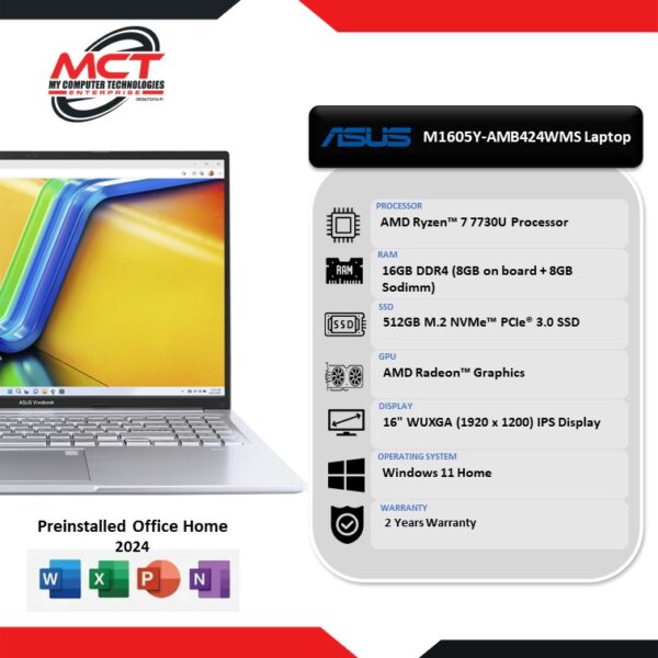Asus Vivobook 16 M1605Y-AMB424WMS 16'' WUXGA Laptop Cool Silver (R7-7730U, 16GB DDR4, 512GB SSD, ATI, W11, HS+M365, 2Y)